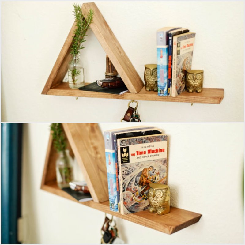 triangular bookself with key holder wall mounted