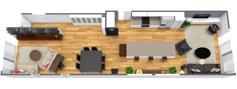 3d open floor kitchen design in an appartment