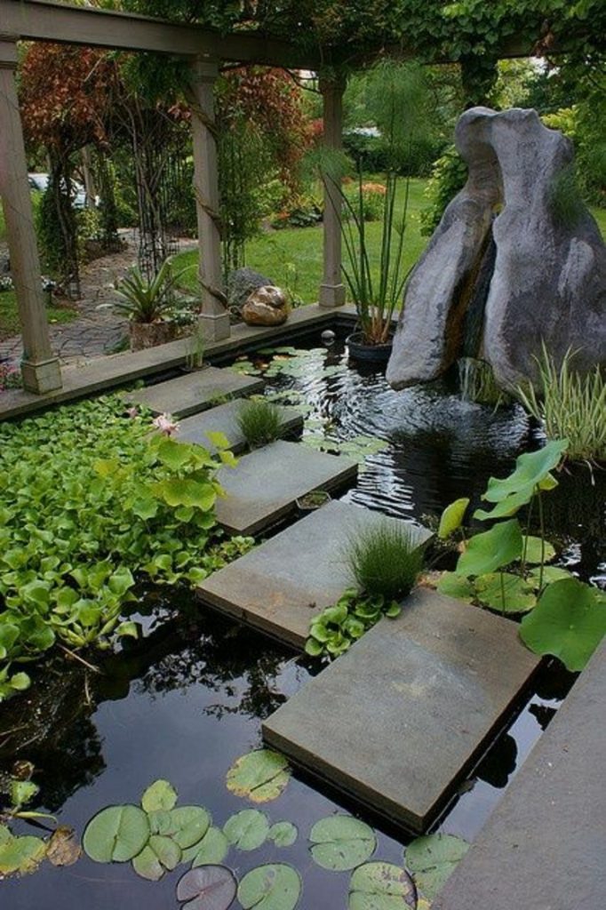 aquatic pond and stepping stone backyard of a zen garden