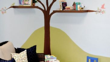 corner tree hand painted with bookshelf