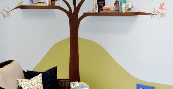 corner tree hand painted with bookshelf