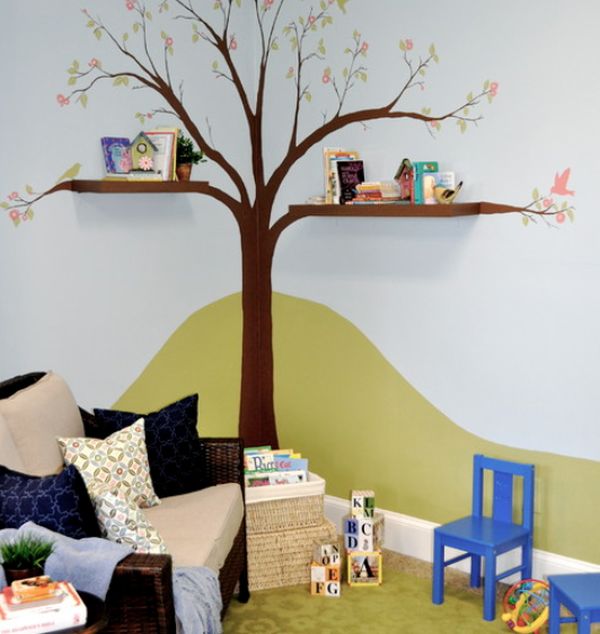 corner tree hand painted with bookshelf