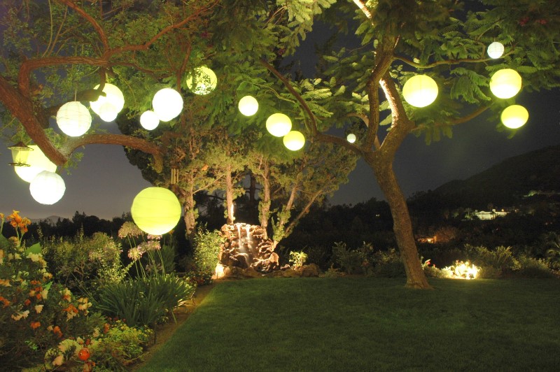 japanese garden at night illuminated by paper lantern