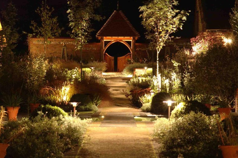 japanese garden at night with lighting