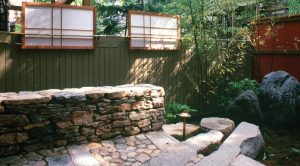 landscape design with rock formation in a japanese garden
