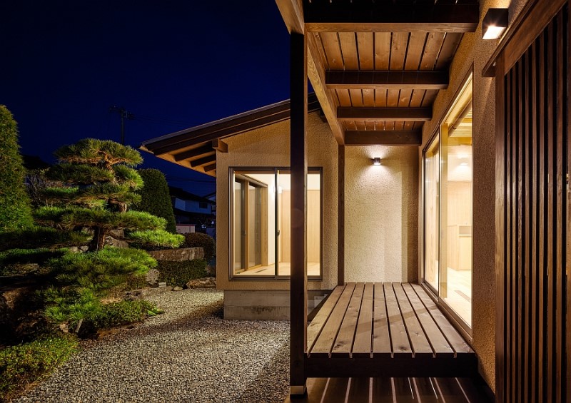 night view of a japanese residential garden