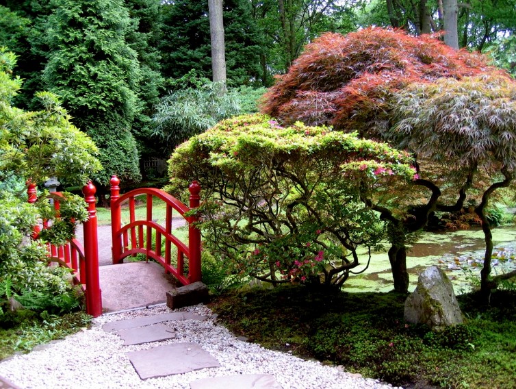 residential red japanese garden foot bridge