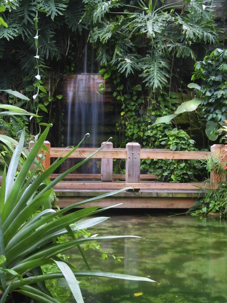 tranquility flat wooden foot bridge in a backyard garden