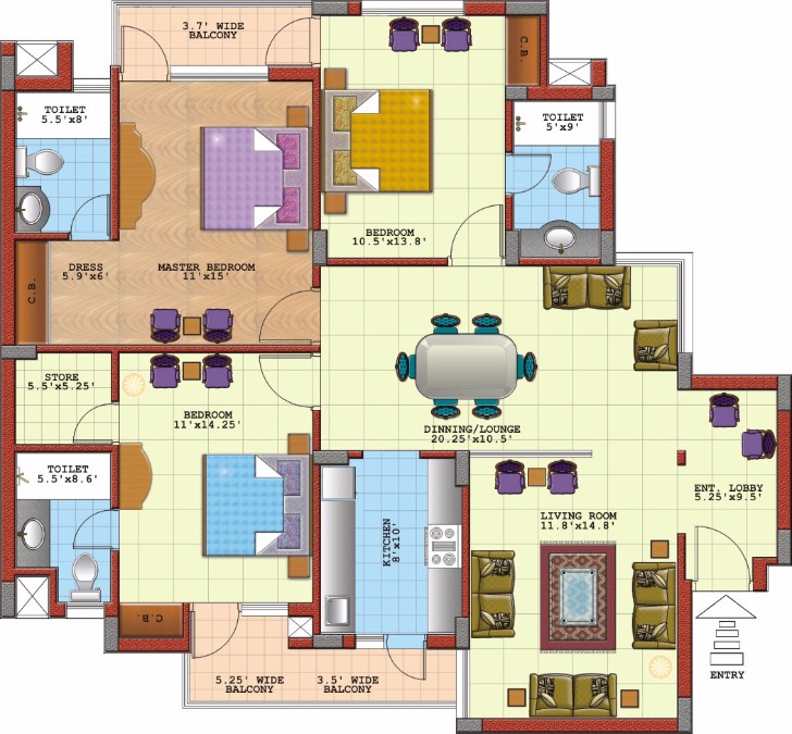 3 bedroom floorplan with dimension