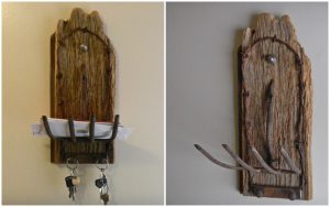 Antique mail holder from rustic wood with key holder
