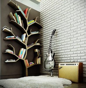 contemporary tree shaped bookshelf with guitar and fender amp