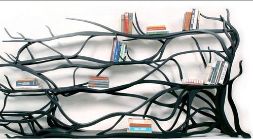 dark tree root bookshelf design