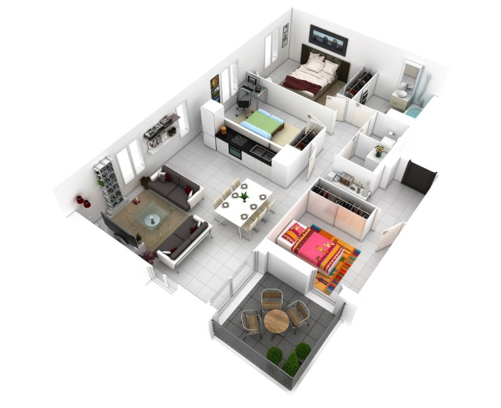 modern 3 bedroom flat in 3d floor plan