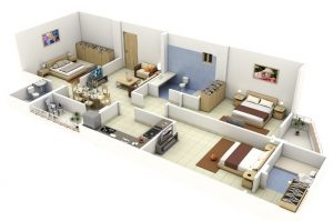 rectangular shape 3 bedroom house plan in 3d