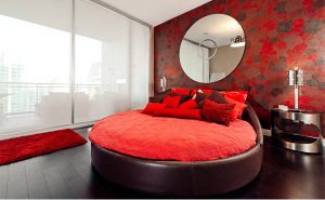 red circle bed in a New York penthouse