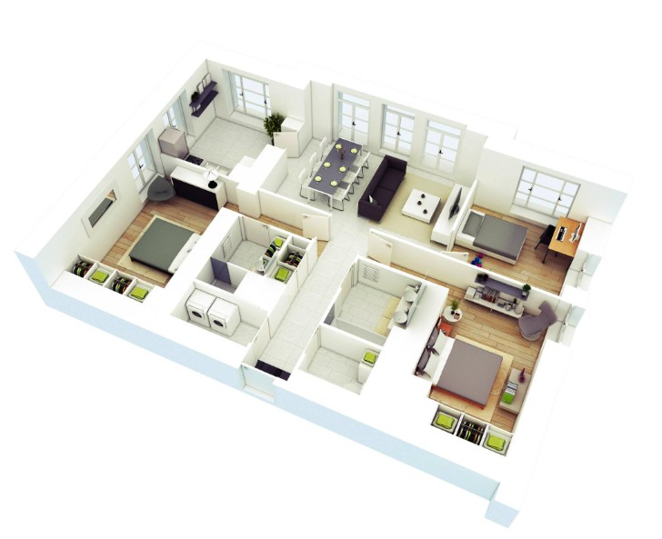 square shape three bedroom house plan in 3d