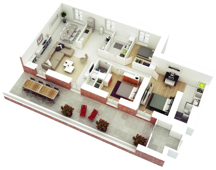 three bedroom floorplan with ensuite bathroom and a large balcony