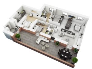 two bedroom flat with large living room and open kitchen in 3d