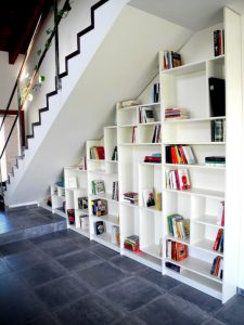 under stair storage shelve for books made from Ikea BillyBookcase