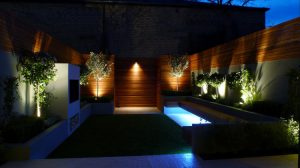 beautiful lawn in a small garden in london view during night with illuminated lighting show