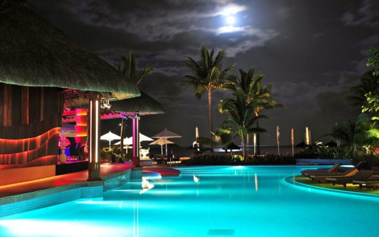 full moon swimming pool at night