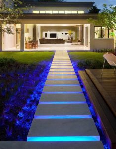 blue LED lighting of a pathway of a backyard at night