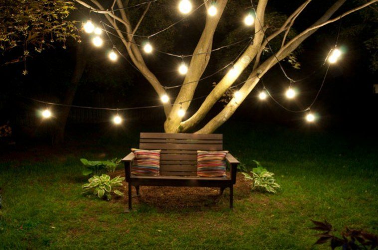romantic outdoor lighting on a tree and a couple seat