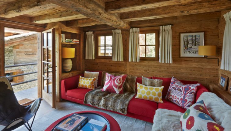 colorful swiss chalet sofa in a remote mountain resort