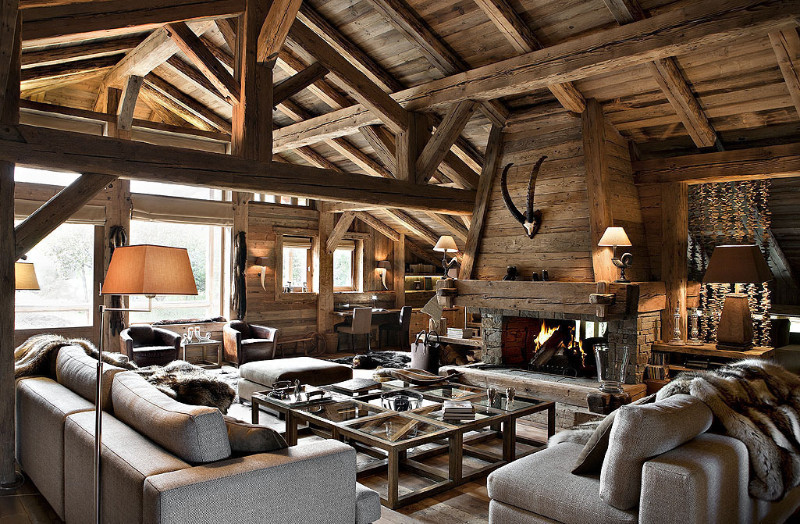 large luxury living room in a chalet swiss mountain