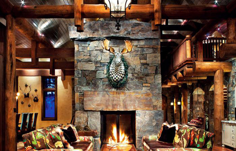 mountain chalet with a central fireplace