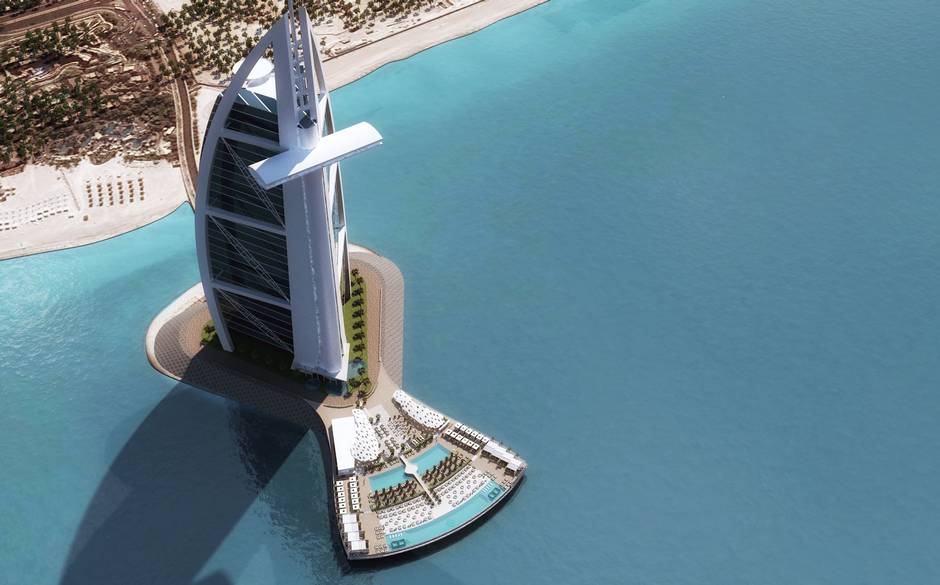 Burj Al Arab Terrace resort pool from a drone
