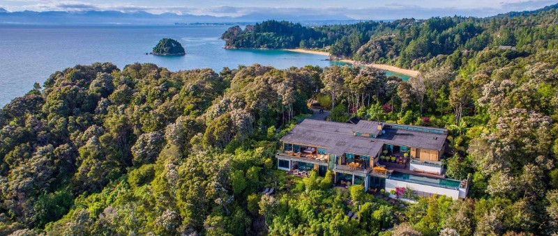 Luxury resort in Motueka New Zealand with no edge pool drone view from the top