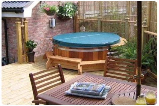 backyard with outdoor cedar japanese wooden hot tub