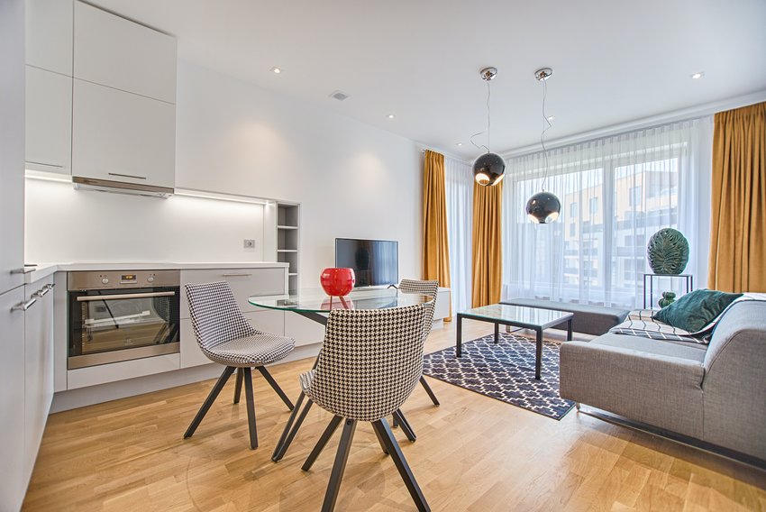 living room with yellow curtain