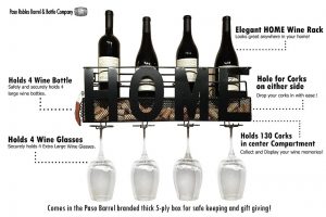 Wine Rack Wall Mounted Hanging Wine Cork Holder Holds 4 Bottles and 4 Wine Glasses