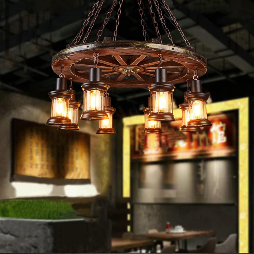 JinYuZe Farmhouse Chandelier Rustic Wood Beam Edison Hanging Ceiling Lighting Natural Reclaimed Wooden 10-Light Pendant Lighting Retro Industrial Style Chandeliers for Bar Kitchen Dining Room 