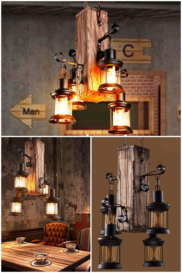 industrial wooden beam chandelier light